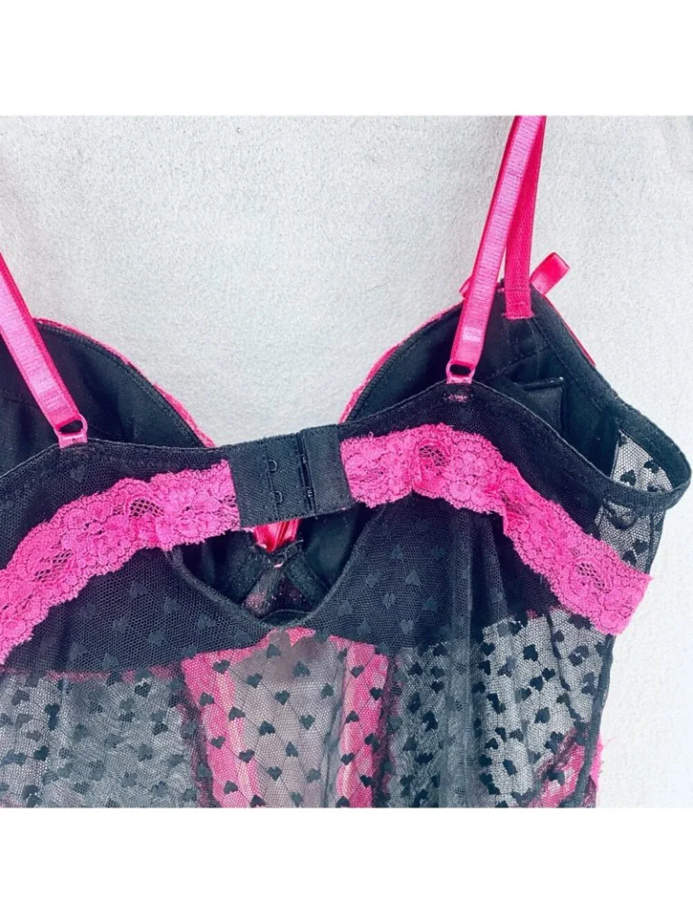 Womens Babydoll Lingerie Set Small Pink Black Lace Cut Out Front Bra Top 90s y2k